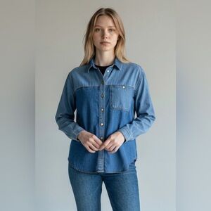 Topshop Moto Denim Button Up Shirt Women’s Size 4 Blue‎ Long Sleeve Jean Top